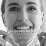 young woman does home teeth whitening procedure whitening tray with gel 1356031 3162